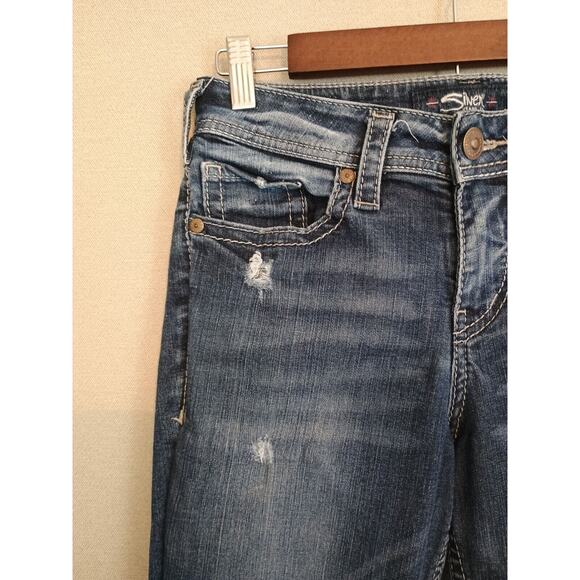 Silver Jeans Women's Blue 28x31 Suki High Slim Boot Cut Fluid Stretch Distressed - Picture 6 of 16